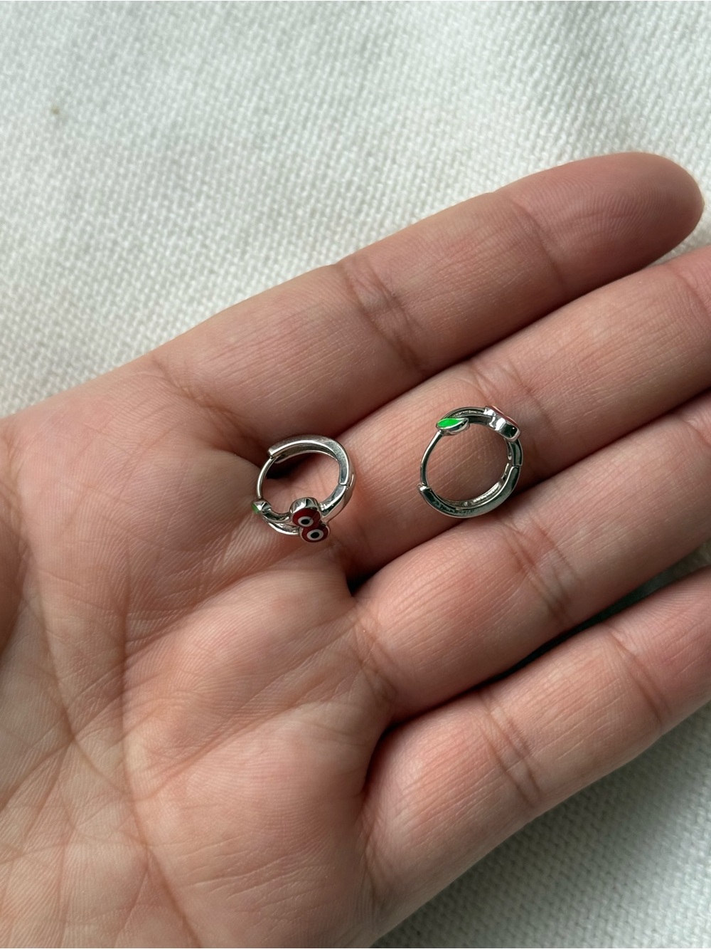 Silver Plated Cherry Hoop Earrings for Kids - Red & Green - Picture 4 of 5
